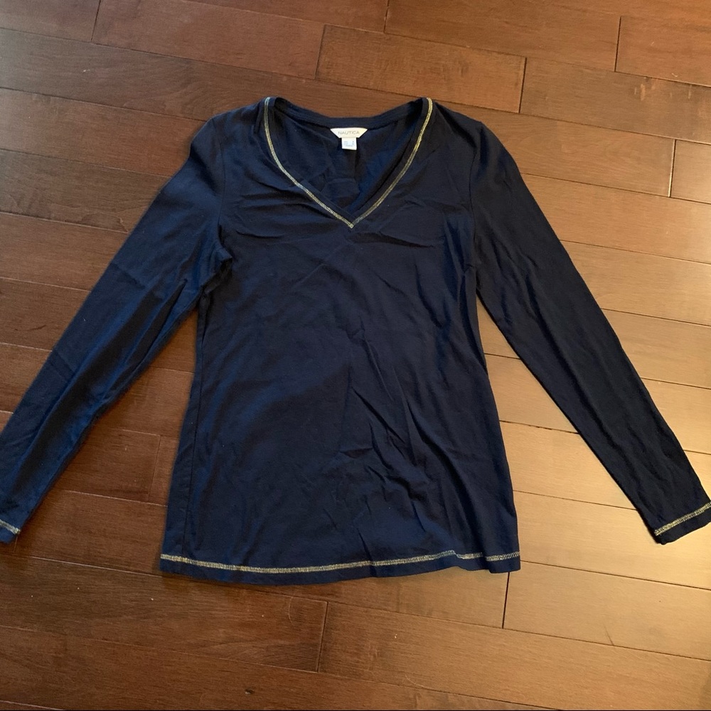 Nautica navy blue v neck long sleeve gold trim